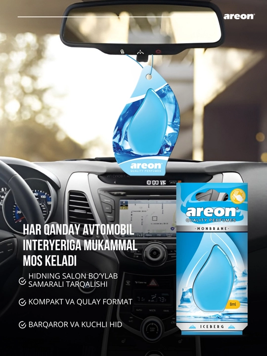 Avtomobil aromatizatori Areon Monbrane, 8 ml — avtomobil uchun barqaror va zamonaviy hid