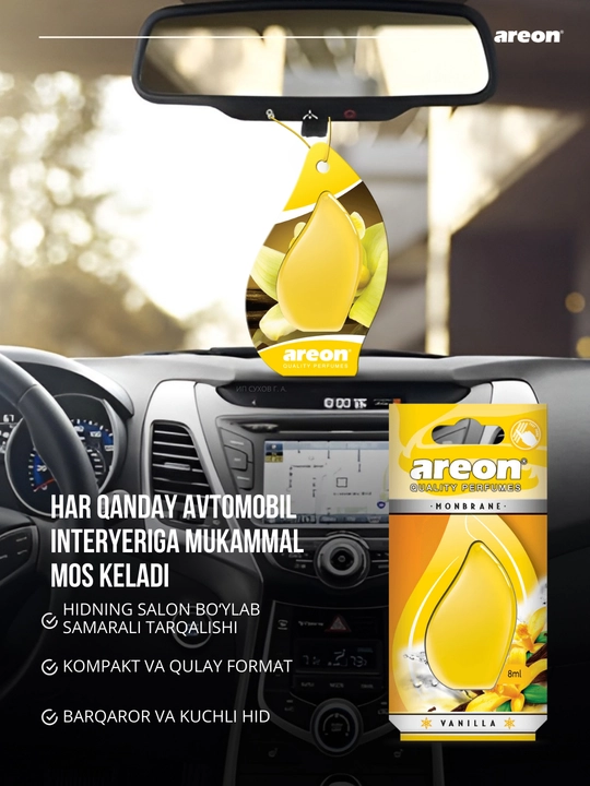 Avtomobil aromatizatori Areon Monbrane, 8 ml — avtomobil uchun barqaror va zamonaviy hid