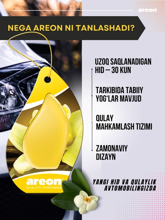 Avtomobil aromatizatori Areon Monbrane, 8 ml — avtomobil uchun barqaror va zamonaviy hid