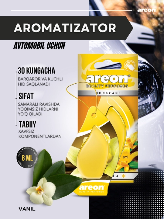 Avtomobil aromatizatori Areon Monbrane, 8 ml — avtomobil uchun barqaror va zamonaviy hid