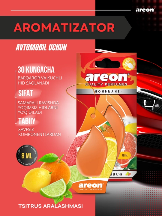 Avtomobil aromatizatori Areon Monbrane, 8 ml — avtomobil uchun barqaror va zamonaviy hid