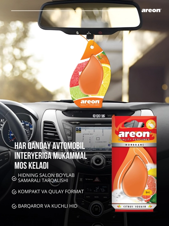 Avtomobil aromatizatori Areon Monbrane, 8 ml — avtomobil uchun barqaror va zamonaviy hid