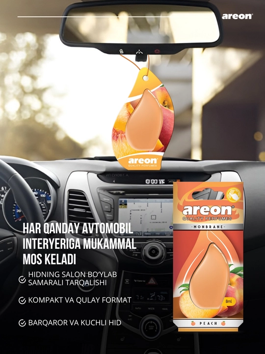 Avtomobil aromatizatori Areon Monbrane, 8 ml — avtomobil uchun barqaror va zamonaviy hid