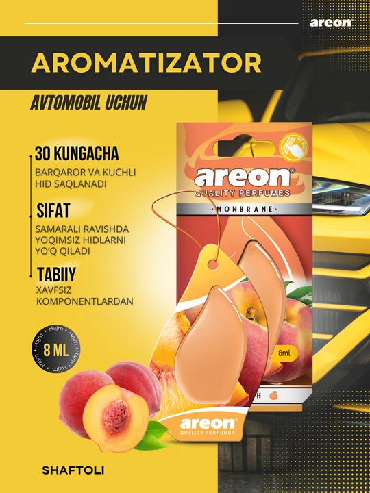 Avtomobil aromatizatori Areon Monbrane, 8 ml — avtomobil uchun barqaror va zamonaviy hid