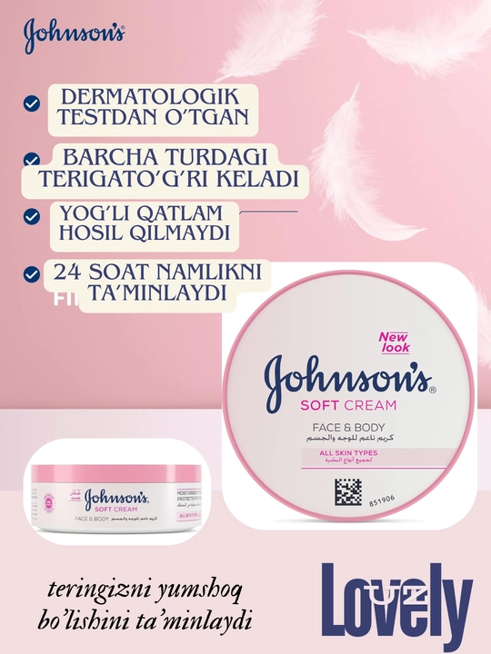 Johnsons 24 hour namlantiruvchi kremi, terini parvarish qilish va yuzni namlash uchun universal krem