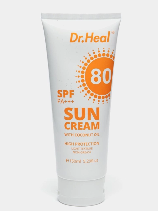 Quyoshdan himoyalovchi Dr. Heal Sun Cream SPF 80 PA+++, E vitamini, kokos moyi, 150 ml