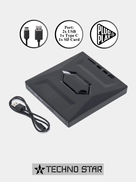 Tashqi optik DVD ROM qurilma, Usb va Type-C, Usb hub, Micro SD va SD card reader