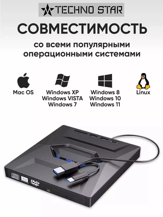 Tashqi optik DVD ROM qurilma, Usb va Type-C, Usb hub, Micro SD va SD card reader