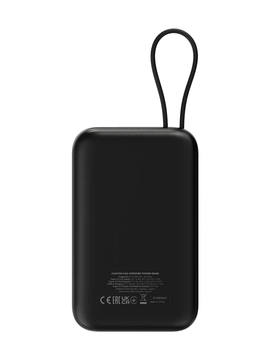 CANYON power bank 10000 OnPower 101, zaryadlash indikatori bilan, o‘rnatilgan kabel bilan