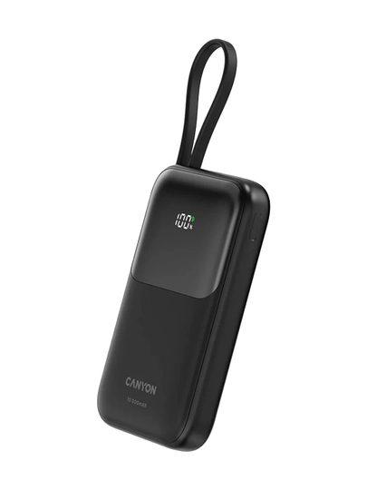 CANYON power bank 10000 OnPower 101, zaryadlash indikatori bilan, o‘rnatilgan kabel bilan