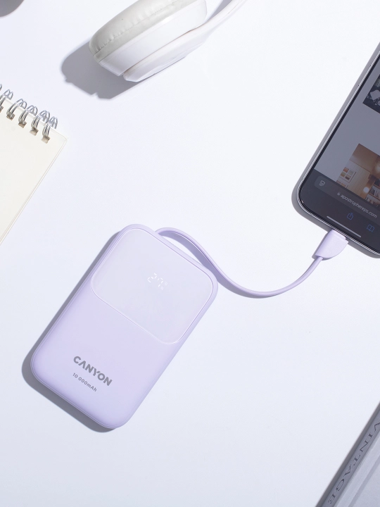 CANYON power bank 10000 OnPower 101, zaryadlash indikatori bilan, o‘rnatilgan kabel bilan