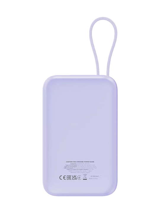 CANYON power bank 10000 OnPower 101, zaryadlash indikatori bilan, o‘rnatilgan kabel bilan