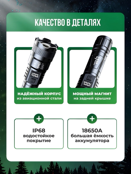 Fonar svetodiodli, qayta zaryadlanuvchi, ov va baliq ovlash uchun