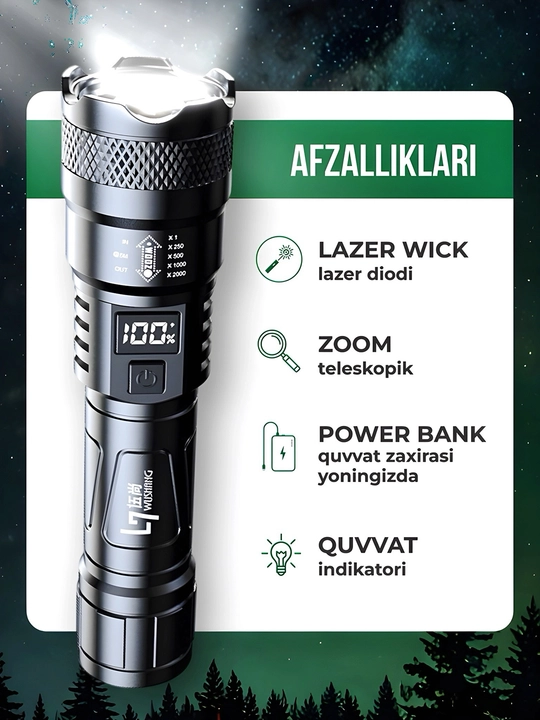Fonar svetodiodli, qayta zaryadlanuvchi, ov va baliq ovlash uchun