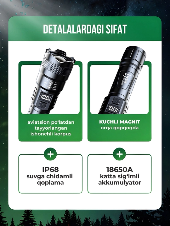 Fonar svetodiodli, qayta zaryadlanuvchi, ov va baliq ovlash uchun