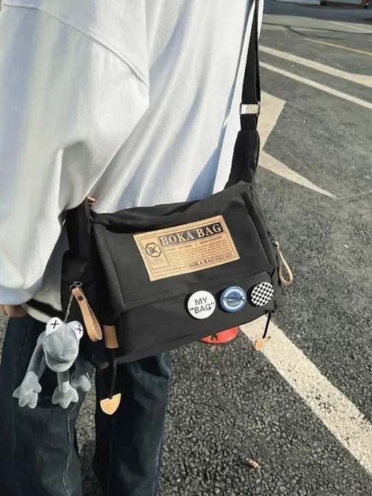 Сумка через плечо streetwear, шоппер унисекс с карманами + значки и брелок