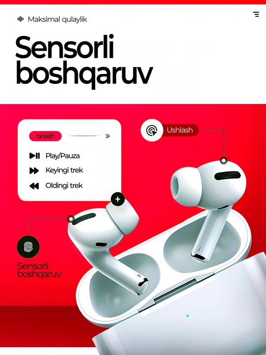iPhone va Android uchun simsiz Pods quloqchinlari, sensorli