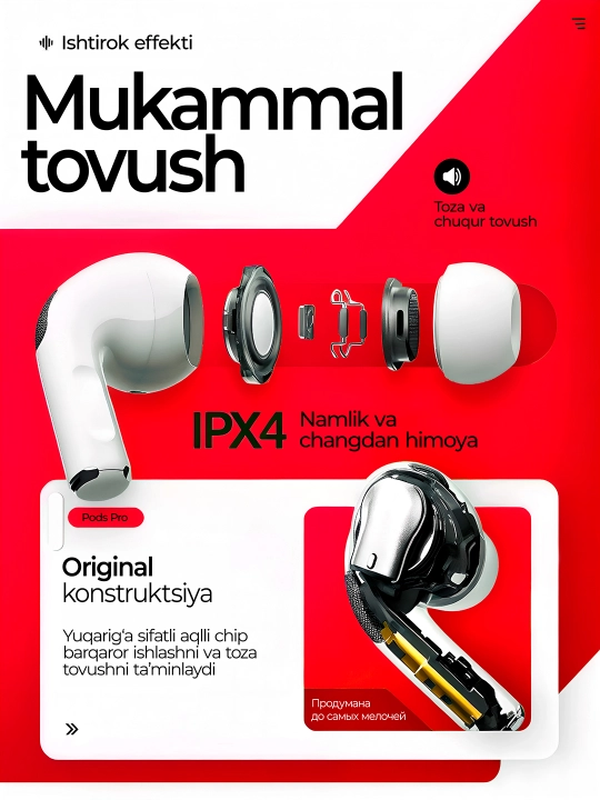 iPhone va Android uchun simsiz Pods quloqchinlari, sensorli