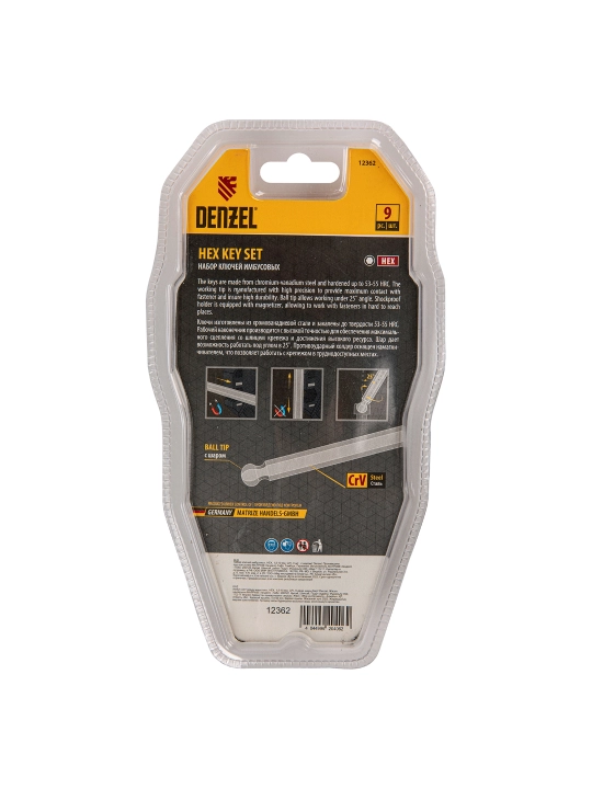 DENZEL, HEX, 1,5-10 mm, CrV, 9 dona, 12362 rusumli Imbus kalitlari to‘plami