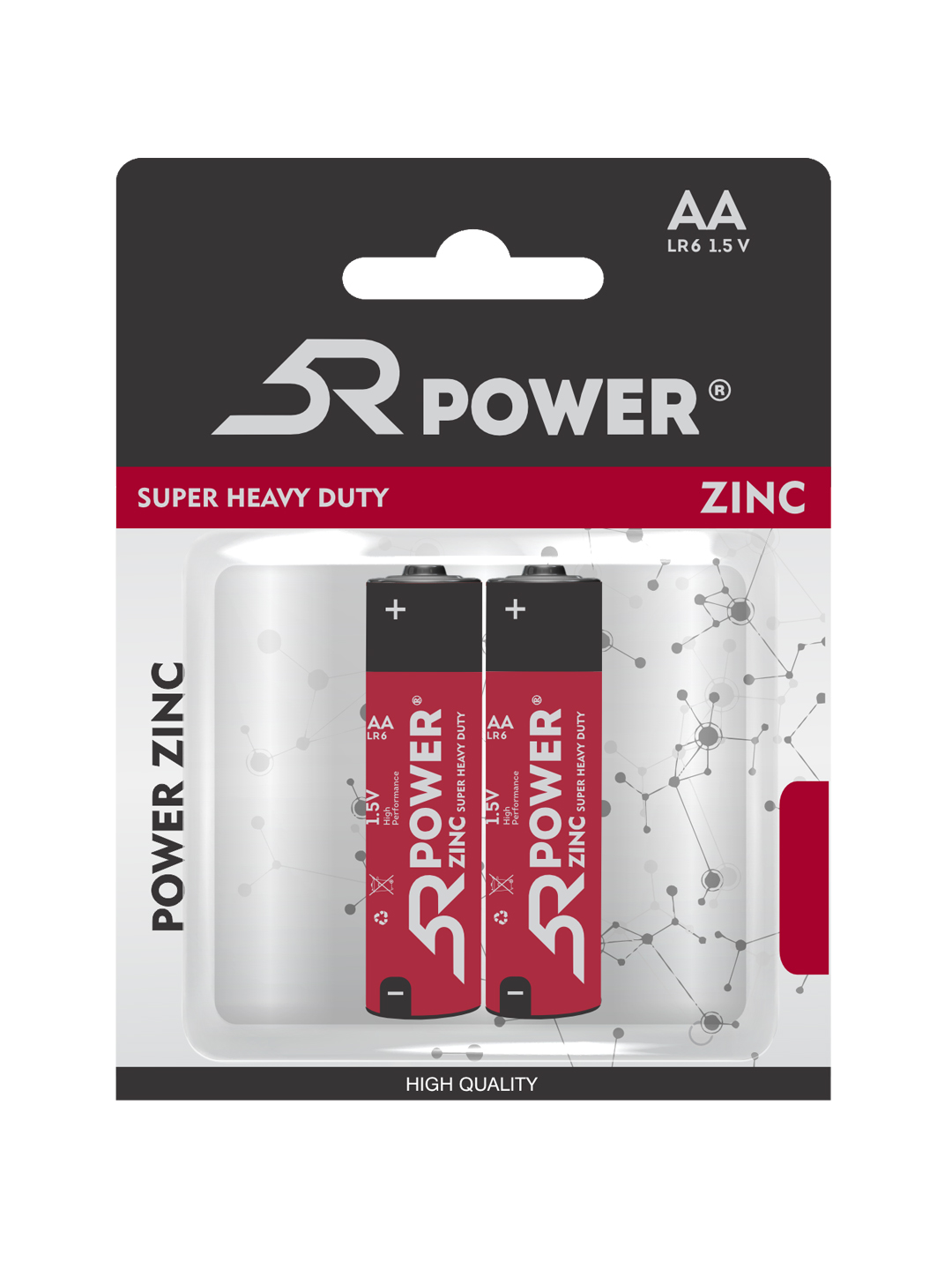 Batareykalar 5R Power ZINC Super Heavy duty, o'lchami AA, 2 dona qadoqda, tuzli - 