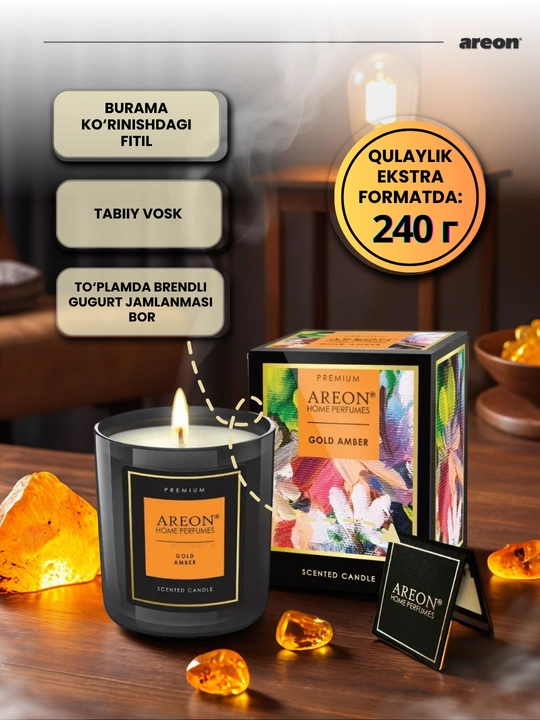 Areon mumli xushbo‘y sham, sham ifori, uy uchun xushbo‘y hid, romantik shamlar, aroma