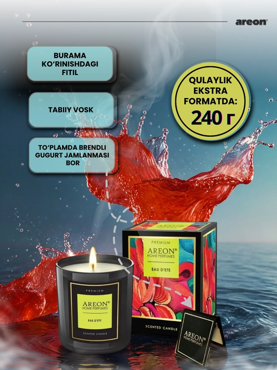 Areon mumli xushbo‘y sham, sham ifori, uy uchun xushbo‘y hid, romantik shamlar, aroma