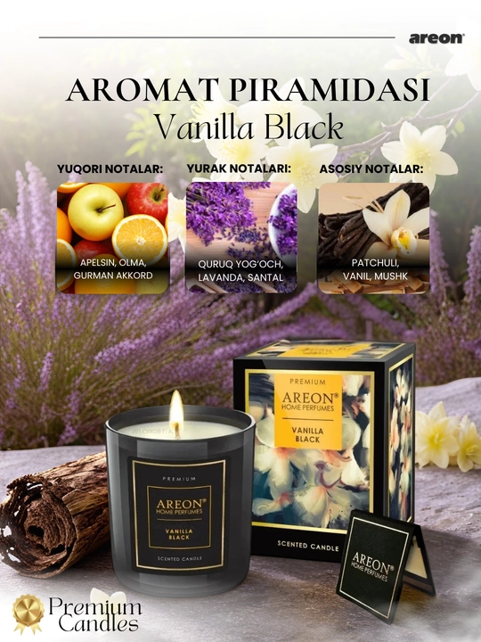 Areon mumli xushbo‘y sham, sham ifori, uy uchun xushbo‘y hid, romantik shamlar, aroma
