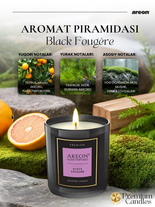 Areon mumli xushbo‘y sham, sham ifori, uy uchun xushbo‘y hid, romantik shamlar, aroma