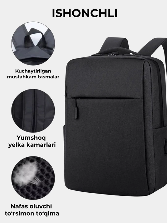 Erkaklar ryukzagi, kundalik, shahar, noutbuk va sayohatlar uchun mo‘ljallangan, USB portli