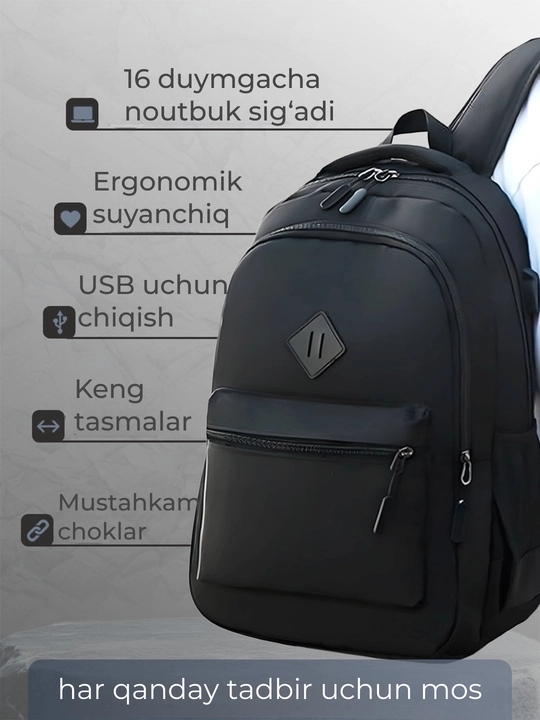 Erkaklar ryukzagi, kundalik, shahar, noutbuk va sayohatlar uchun mo‘ljallangan, USB portli