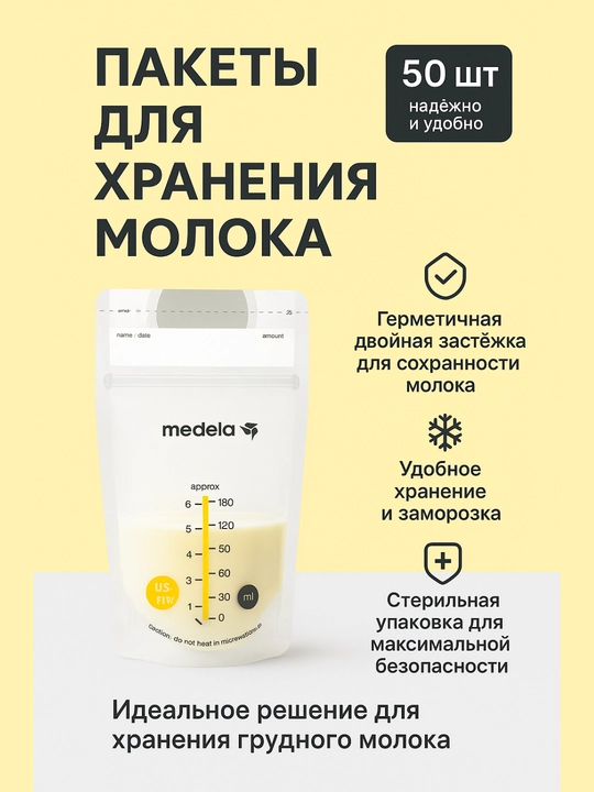 Ona suti uchun saqlash paketlari, Medela, 50 dona, 180 ml, ikki qatlamli himoya bilan - 