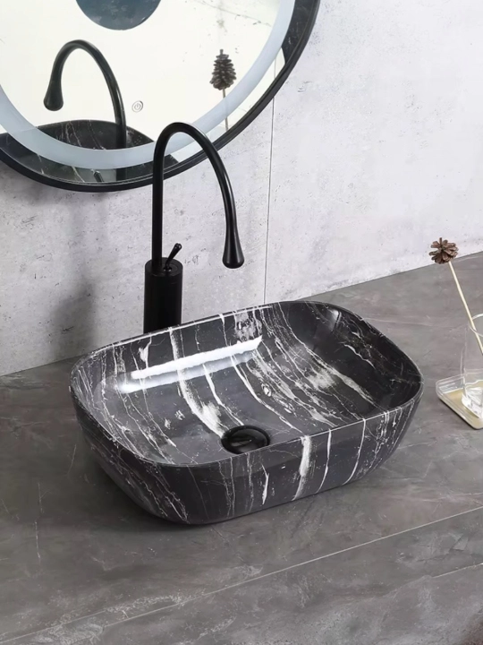 Раковина накладная OSSO 493 BLACK MARBLE, черная, мраморная, круглая для ванной - 