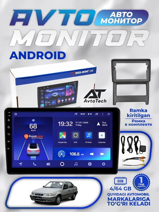 Avto monitor Red-mini A8, 4/64 GB, 10" dyuym, Android, ramkali, avtomobil radiosi - 