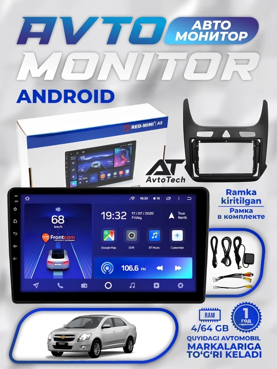 Avto monitor Red-mini A8, 4/64 GB, 10" dyuym, Android, ramkali, avtomobil radiosi - 