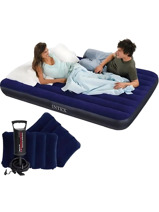 Puflanadigan matras ikki kishilik, nasos va yostiqlar bilan Intex 64765, 203 * 152 * 25 sm