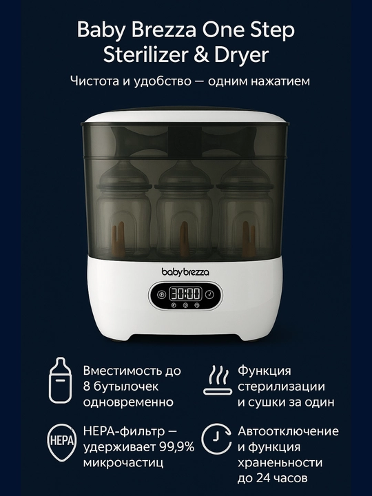 Стерилизатор и сушилка Baby Brezza One Step, на 8 бутылочек, с HEPA-фильтром - 