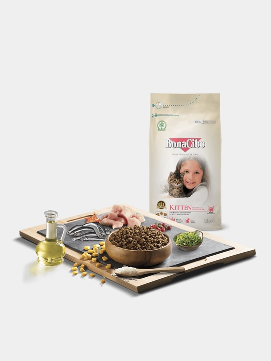 Bonacibo Kitten uchun quruq ozuqa — tovuq go‘shti, hamsi baliqlari va guruch bilan, 1.5 kg qadoq