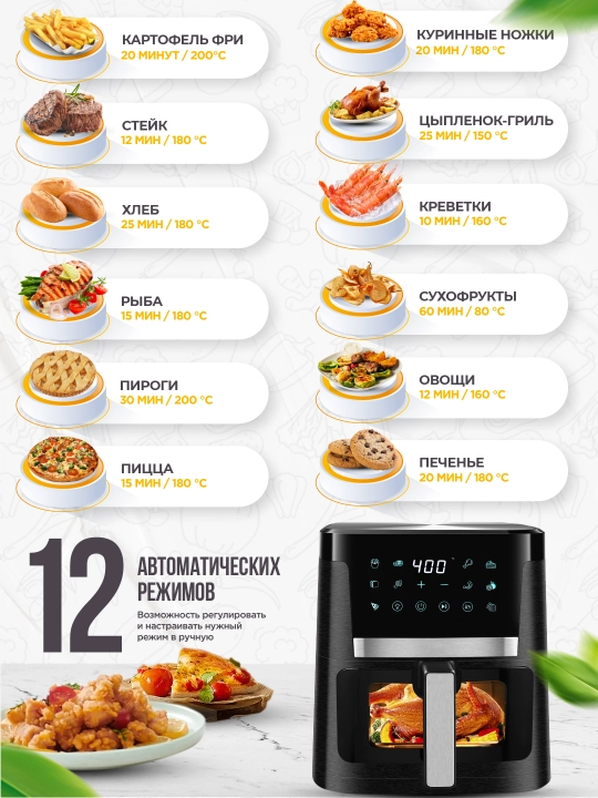 Deime aerogrill, 6, 7, 8, 10 l, yog‘siz qovurish, 1800 Vt quvvatli, ko‘p funksiyali