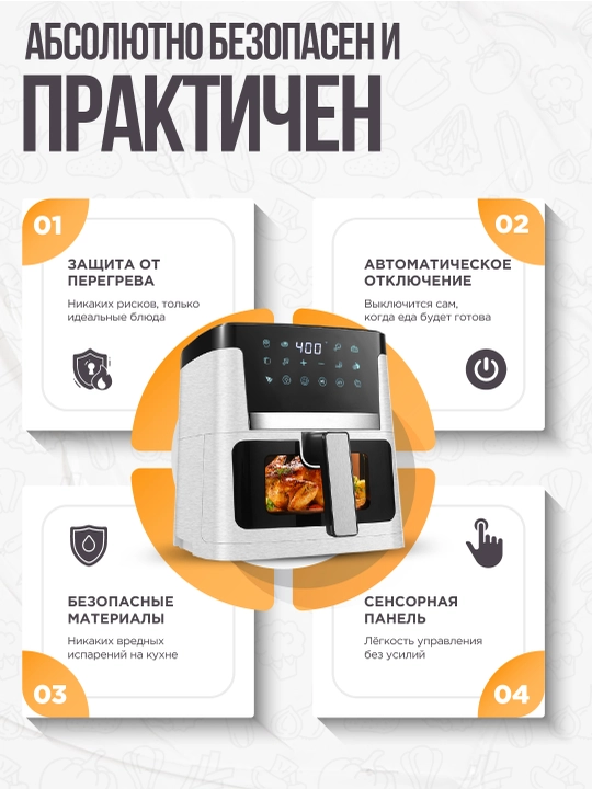 Аэрогриль Deime 6, 7, 8, 10 л, фритюрница без масла, 10 в 1, 1800 Вт, многофункциональная