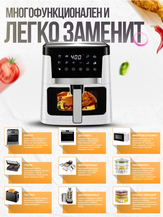 Аэрогриль Deime 6, 7, 8, 10 л, фритюрница без масла, 10 в 1, 1800 Вт, многофункциональная