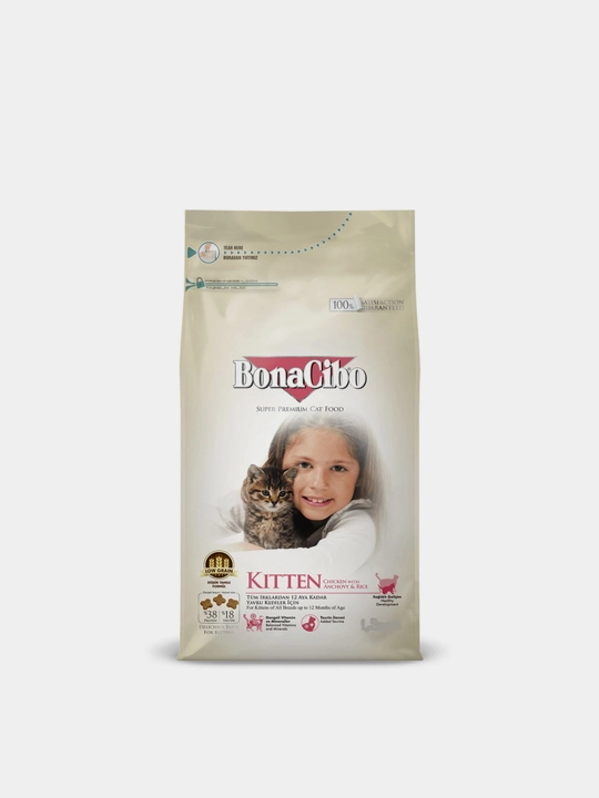BonaCibo Kitten mushukchalar uchun quruq yem,tovuq go‘shti,anchous va guruch bilan,1,5 kg