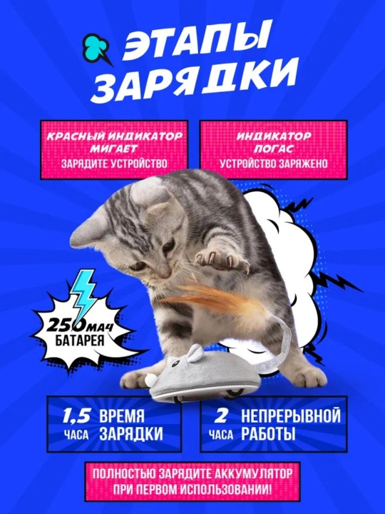 Игрушка для кошек Мышь автоматическая, USB зарядка в подарок, серая