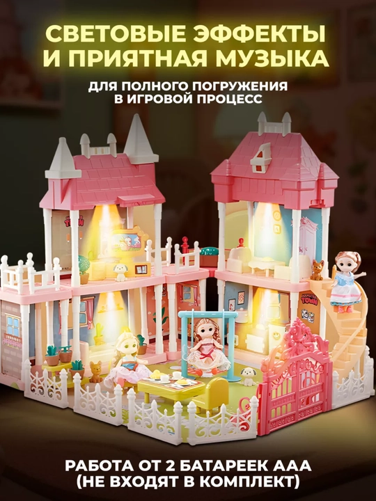 Кукольный домик для девочек, замок принцессы с мебелью и аксессуарами, свет, звук