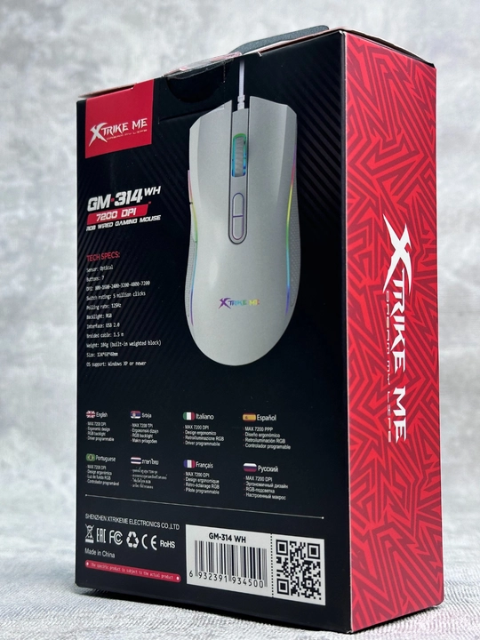 XTRIKE ME GM-314 o‘yin sichqonchasi, 7200 DPI, RGB, 7 tugma, USB, oq rang