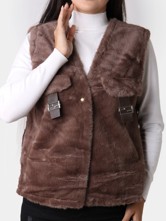 Ayollar uchun sun’iy mo‘yna va teridan yasalgan jilet, L–XL o‘lcham