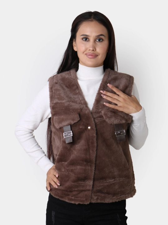 Ayollar uchun sun’iy mo‘yna va teridan yasalgan jilet, L–XL o‘lcham
