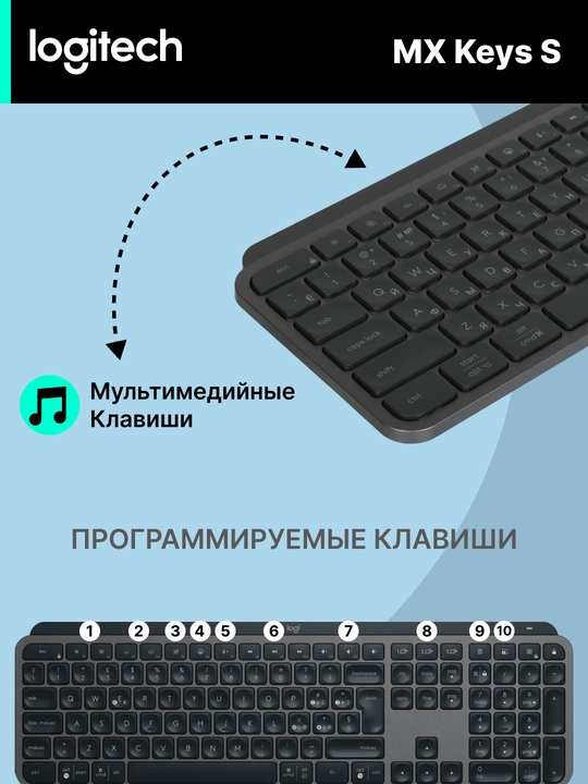 Logitech MX Keys S, yoritgichli ofis klaviaturasi, yaqinlashtirish sensori bilan  