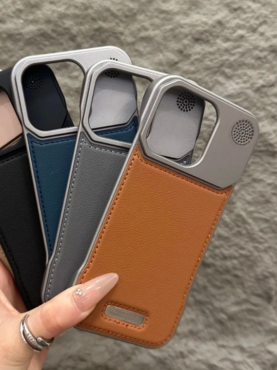 Zamonaviy chexol iPhone, 12,13, 14, 15, 16 Pro/Pro Max uchun metall, ekologik charm