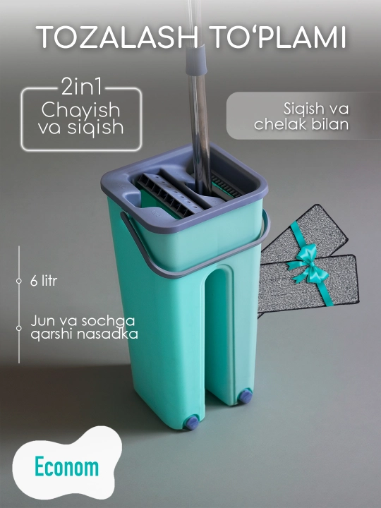 Aqlli shvabra, chelak va siqish bilan