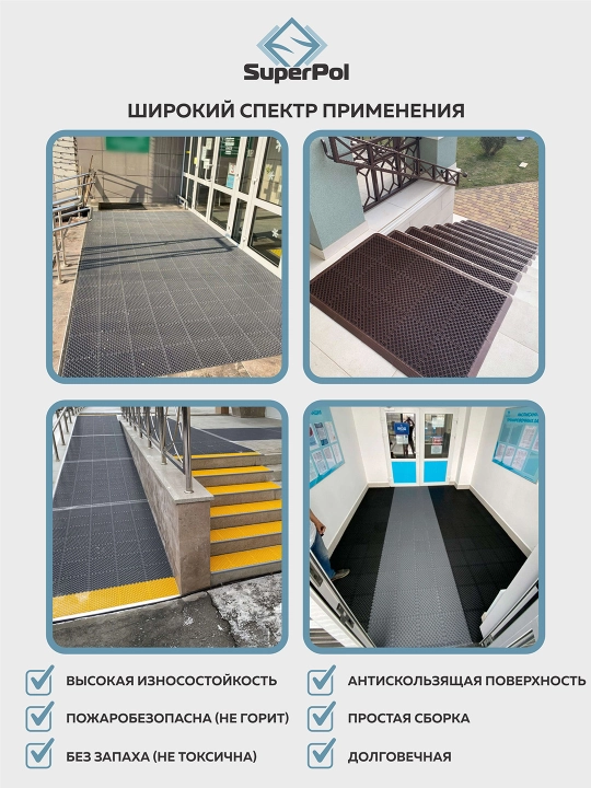 Резиновое напольное покрытие, 1 м², 16 шт, 250×250×8 мм, грязезащитный коврик